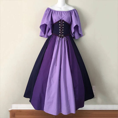 vmtvr  -  Medieval Retro Midi Dress Gothic Women's Contrast Color Splicing Flying Sleeves Lace-Up Waist Swing Skirt Cocktail Party Dresses