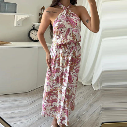 vmtvr Sexy Halter Elastic Waist Boho Long Dress Women Spring Pattern Print Side Slit Party Dress Summer Off Shoulder Hollow Maxi Dress