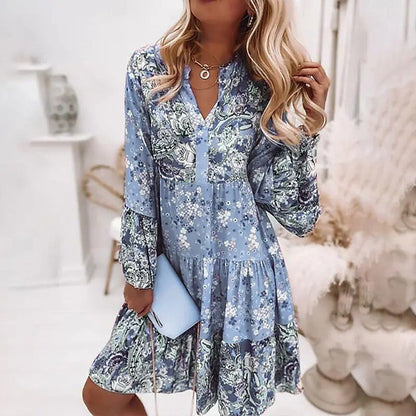 Women Elegant Long Sleeve Loose Beach Dress Casual New Fashion Floral Print Boho Party Dress Sexy V Neck Ruffle Mini Shirt Dress