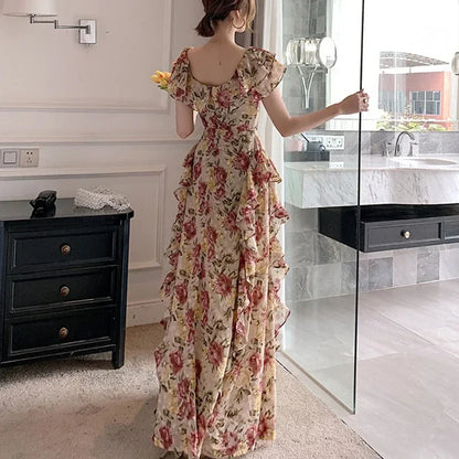 vmtvr French Elegant 2000s Vintage Dress Women Floral Floor-Length Sexy Wedding Party Long Boho Dress Beach Style 2024 Summer Y2k Chic