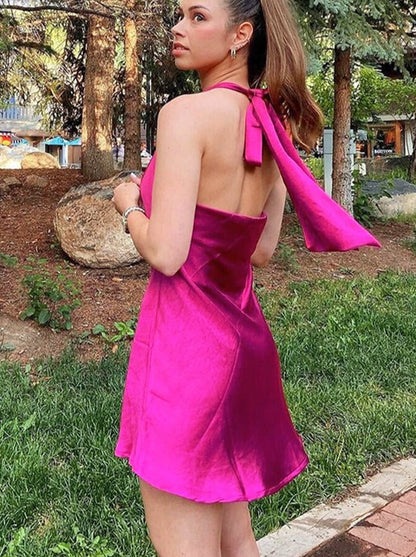 vmtvr - Backless Rose Red Halter Satin Dress Summer Sleeveless Short Party Club Sundress Bowknot Lace Up Maxi Dress Vestidos