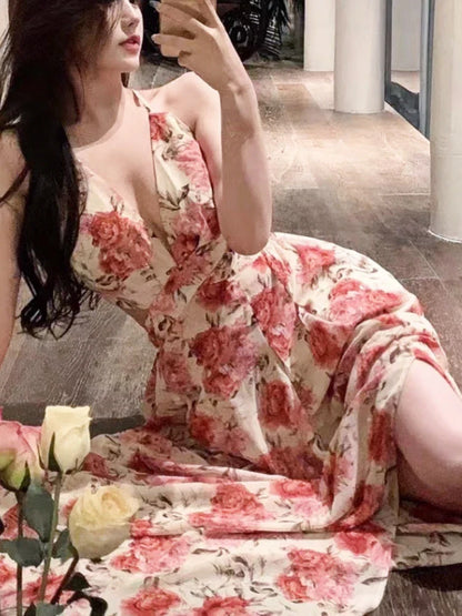 vmtvr Summer Sexy Beach Style Party Dress Women Korean Casual One Piece Sleeveless Floral Long Dress Lady V-neck Outwear