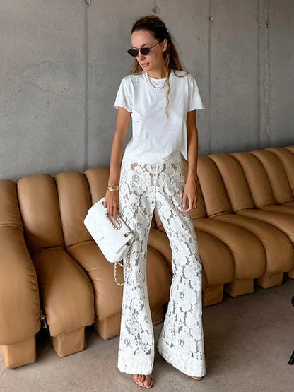 vmtvr 2024 Summer Women Sexy Lace Flare Pants Beach Solid White High Waist Sheer Trousers Female