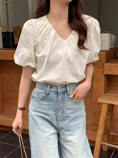 vmtvr Office Wear Lady Women Blouses Sweet Daily Elegant Summer V-Neck All Match Fashion Puff Short Sleeve Gentle OL