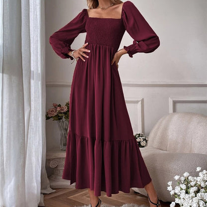 Women Maxi Dress Fashion Square Neck Long Flare Sleeve Nipped Waist Slim Ruffle Party Evening Dresses High Streetwear