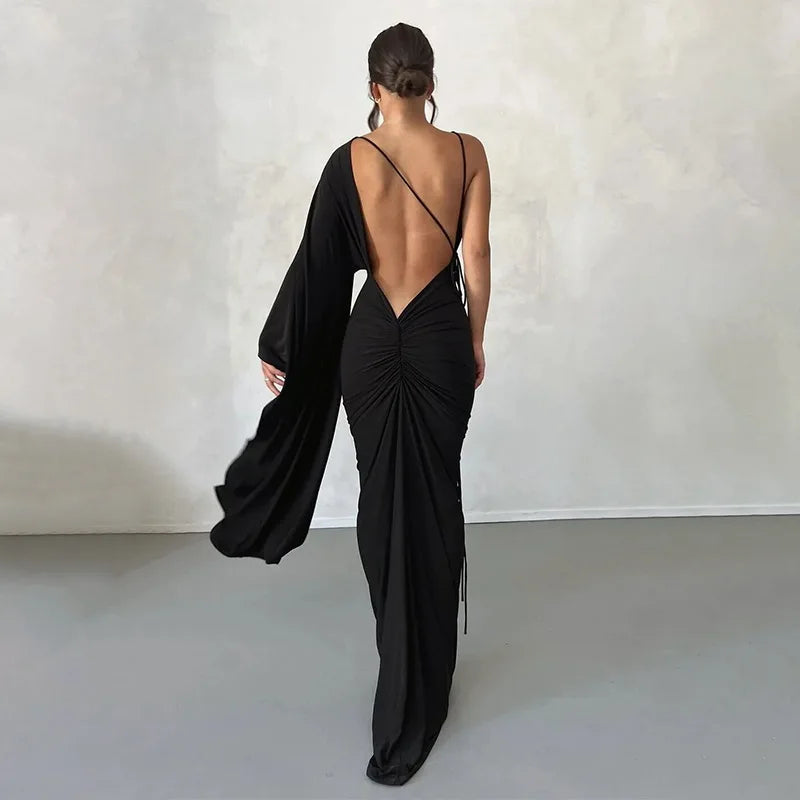 vmtvr Fashion Draped Deep V Sexy Backless Maxi Dresses Party Club Women Elegant One Shoulder Gown Slip Dresses Ruched