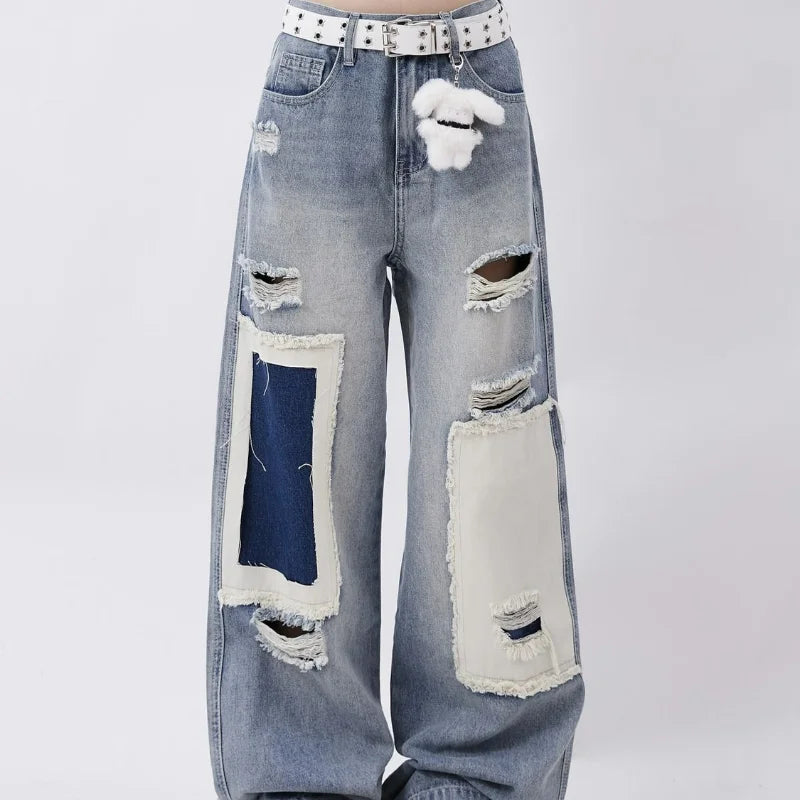 vmtvr Women Patched Oversized Hole Jeans Pockets Spring Summer Hip Hop Pants High Street Trend Design Loose Straight Wide Leg Trousers