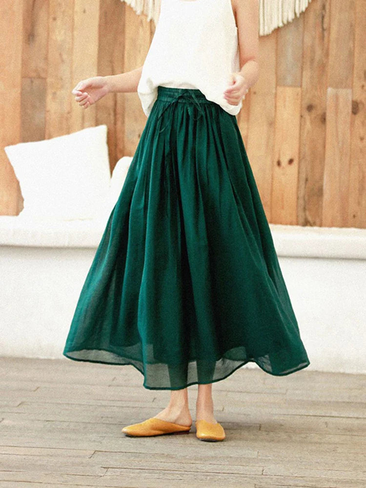 vmtvr  Women Tulle Long Skirt Elastic High Waist Mesh Summer Green Fashion Loose Pleated Skirts Lace Up Elegant Ladies Skirt