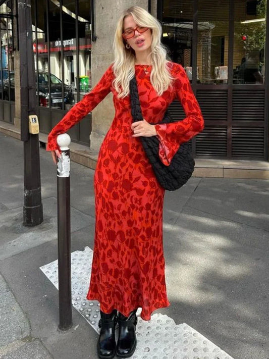 vmtvr  -  Rose Print Long Sleeve Dress Spring Summer Women's Dress Casual Beach Style Party Maxi Vestidos Long Vacation Dress New