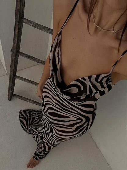 vmtvr Zebra Print Maxi Dress Women Fashion Sheer Chiffon Holidays Beach Dress Summer Elegant Sexy Front Cowl Backless Party Dress 2024