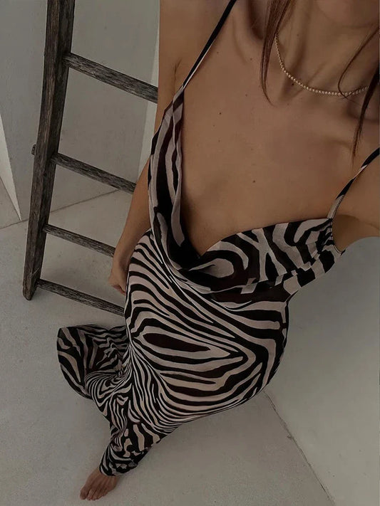 vmtvr Zebra Print Maxi Dress Women Fashion Sheer Chiffon Holidays Beach Dress Summer Elegant Sexy Front Cowl Backless Party Dress 2024