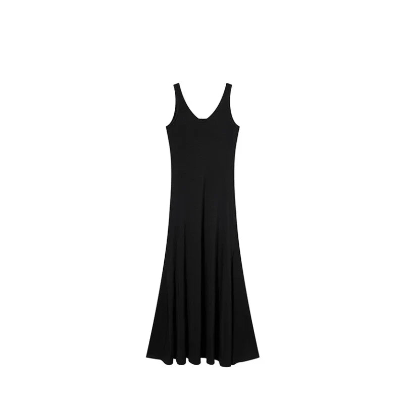 vmtvr 2024 Summer Retro French Fashion Even Party Black Midi Dresses Casual V-Neck Y2k Sexy Strap Dresses Korean Fashion Clothing