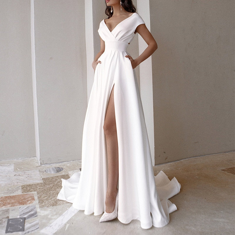 vmtvr Elegant Casual Women's Dresses Sexy V-neck Side Slit Backless White Long Skirt Wedding Banquet Bridesmaid Dress Evening Gown