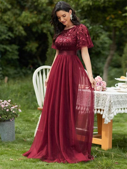 vmtvr  New Women's Burgundy A-Line Sequin Mesh Leaf Maxi Prom Dress Sparkle Evening Dresses O-Neck Short Sleeve Long Dress