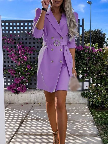 vmtvr  -  Elegant Lapel Waist Blazer Dress Women Casual Puff Long Sleeve Solid Dress Fashion Double Breasted Button With Belt Mini Dresses