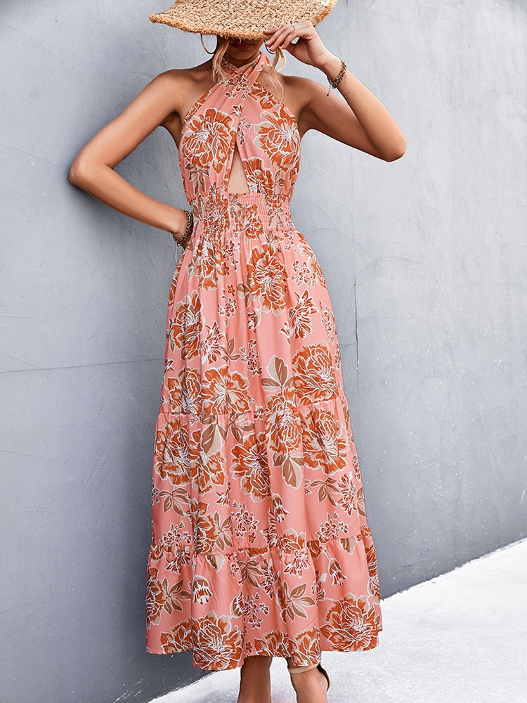 Summer Cross Halter Long Dress Women Backless Print Floral Maxi Dress Sleeveless Fashion High Waist Dress Female Patchwork Dress