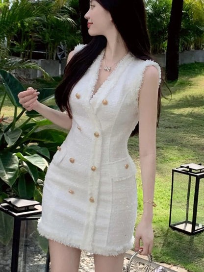 vmtvr  -  High Quality Korean Fashion Casual Small Fragrance Tweed Dresses Women French Vintage Woolen Summer Dress Elegant Party Vestidos