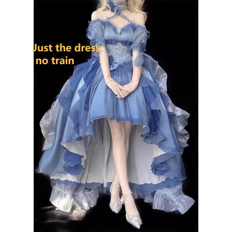 Blue Flower Wedding Dress Lolita Dress Lolita Heavy Industry Tug Tail Fluffy Front Short Back Long Escaping Princess Dress