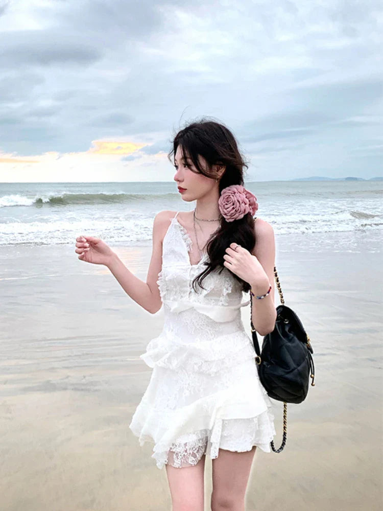 vmtvr Beach Style Whit V-Neck Dress Even Party Female Elegant 2000s Vintage Clothing Korean Fashion Y2k Mini Dress Women Summer Boho