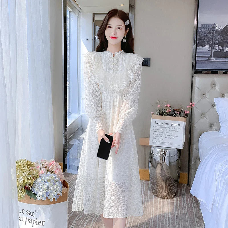 vmtvr Elegant Sweet Vintage Solid Lace Women Midi Dresses for New Autumn Fashion Long Sleeved Cute Party Birthday Fairy Dress