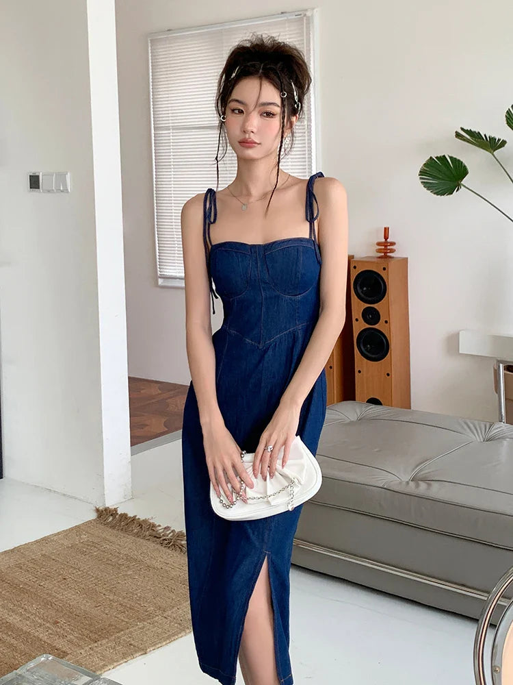 vmtvr Vintage Women Blue Elegant Denim Bandage Slip Dress High Waist Sleeveless A-line Split Jean Midi Dresses Summer Backless Fashion