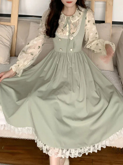 Green Elegant Vintage Strap Dress Women 2024 Spring Lace Evening Party Midi Dresses Ladies Retro Korean Sweet Kawaii Fairy Dress