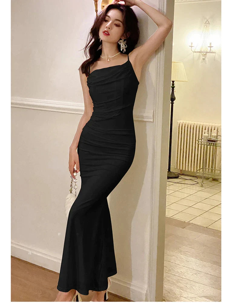 vmtvr - Fashion Elegant Dresses for Women Sleeveless Sexy Club Solid Spaghetti Strap French Party Evening Dress Female 2024 New Summer