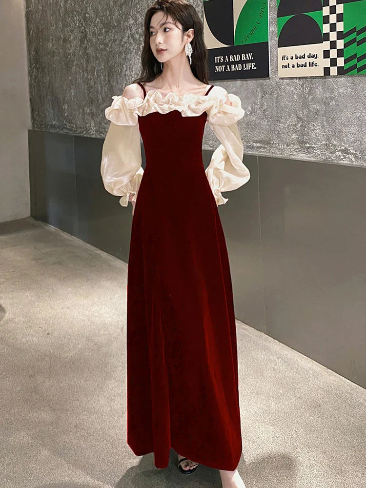 vmtvr  -  Women Red Velvet Luxury Dresses with Long Sleeves Autumn Winter Elegant Chic Wedding Dress Korean Vintage Festival Dresses