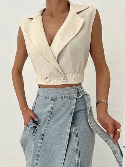 vmtvr 2024 Summer Women Solid Khaki Linen Tank Tops Sleeveless V-neck Vest Crop Tops For Women Female