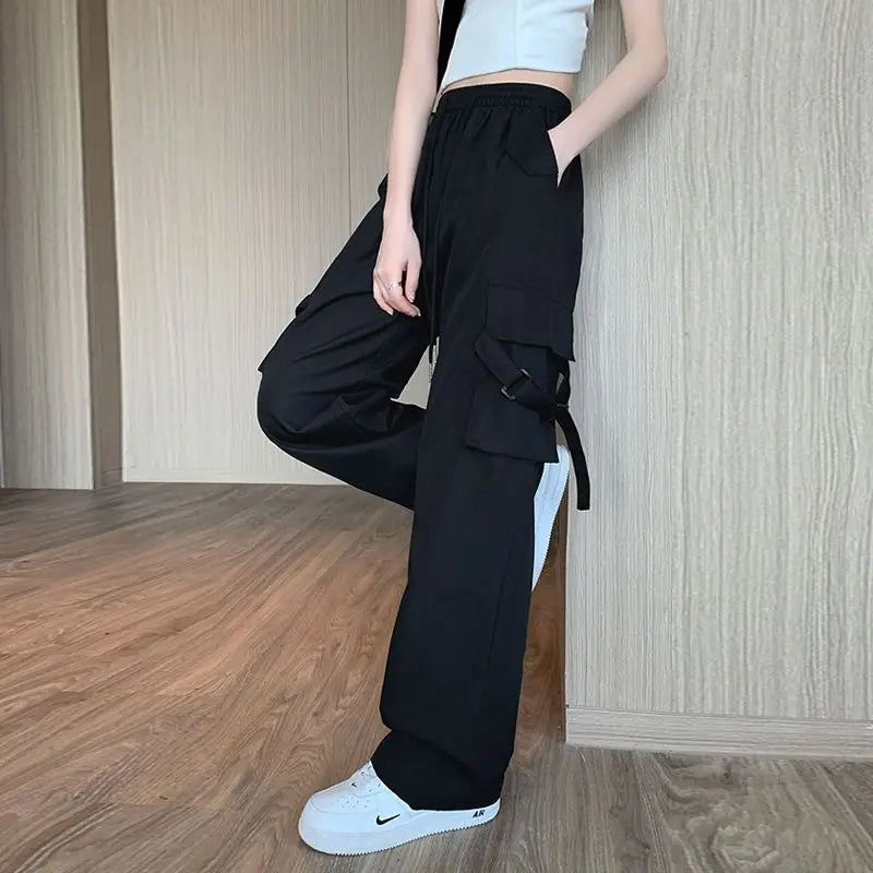 vmtvr Spicy Girls American Retro Casual Quick Drying Workwear Pants Women's Solid Summer High Waist Pocket Show Thin Straight Trousers