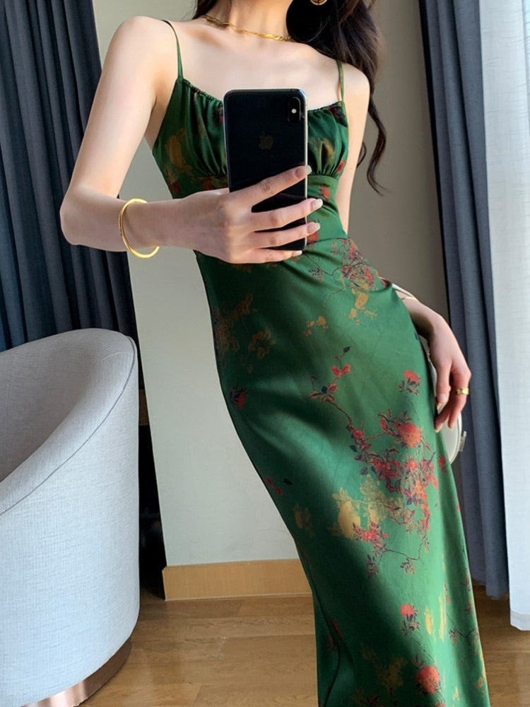 New Spaghetti Strap Elegant Floral Long Dress Summer Women Sleeveless Bodycon Slim Vintage Party Satin Vestidos Female Chic Robe