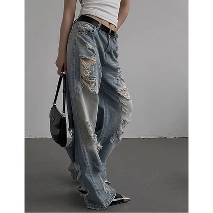 vmtvr Blue Low Waist Women's Jeans Vintage American Fashion Wide Leg Jean Worn-out Y2K Female Denim Trouser Baggy Summer Denim Pants