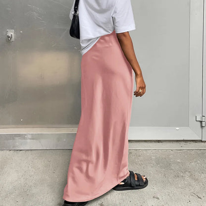 vmtvr Classic Solid Color Imitation Acetic Acid Fish Tail Skirt Spring and Summer Women's Elegant Casual Work High Waist Elastic Skirt