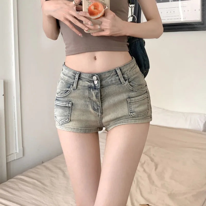 vmtvr Korean Style Hottie Low Rise Denim Shorts Summer Women's Feel Club Made Old Pocket Cotton Spring Straight Round Hip Denim Shorts