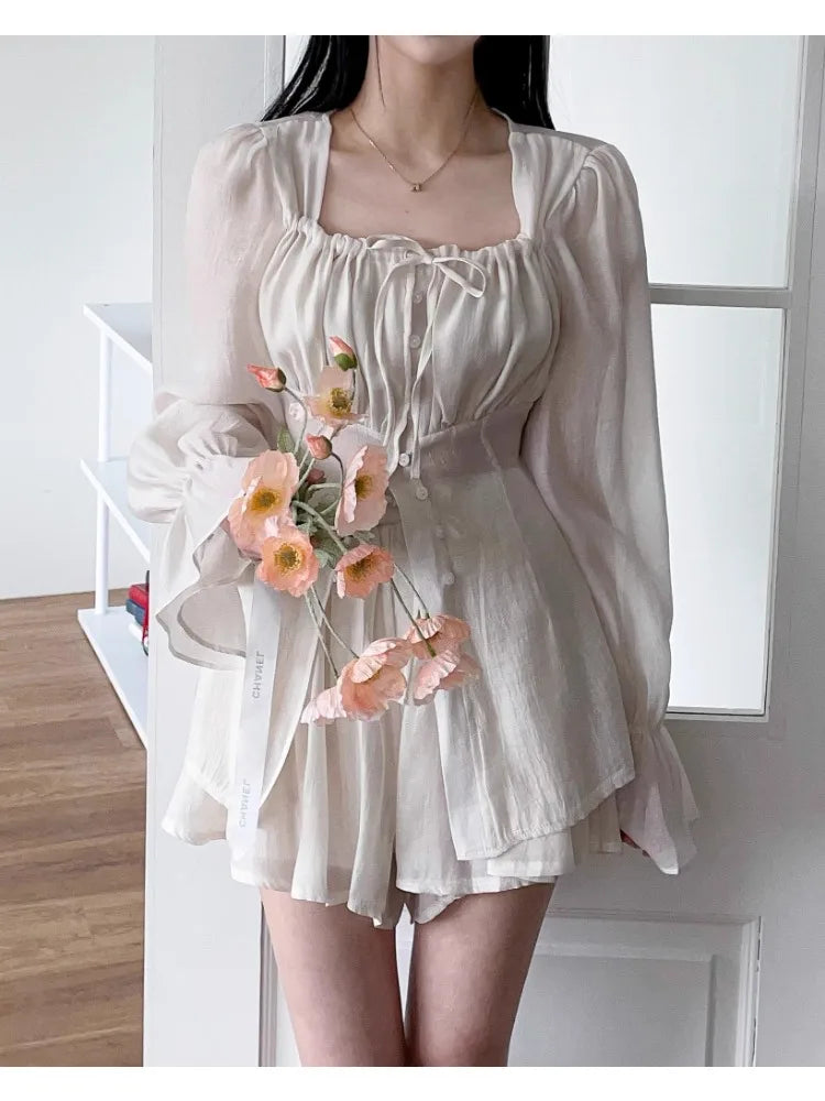 vmtvr Japanese Y2k Elegant 2 Piece Set Women Puff Sleeve French Vintage Designer Chic Suit Female Button Retro Clothes 2024 Summer New