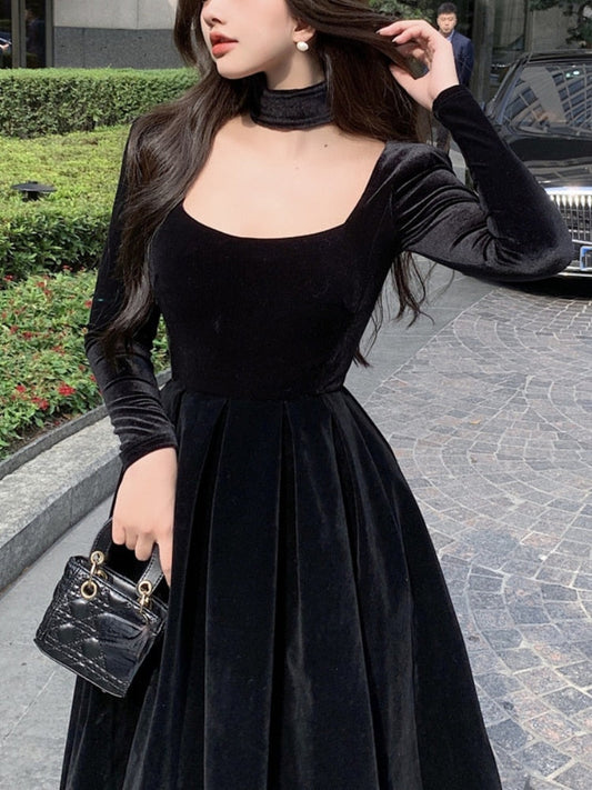 vmtvr Velvet Elegant Evening Party Midi Dresses Ladies Black France Vintage Dress Women New Winter Korean One-piece Dress Autumn