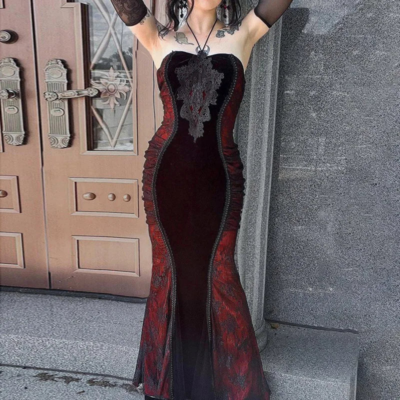 vmtvr  -  Goth Dark Ladies Elegant Fashion Tight Halter Mermaid Dresses Hotsweet Corset Mesh Maxi Dress Gothic Pleated Bodycon Party Gown