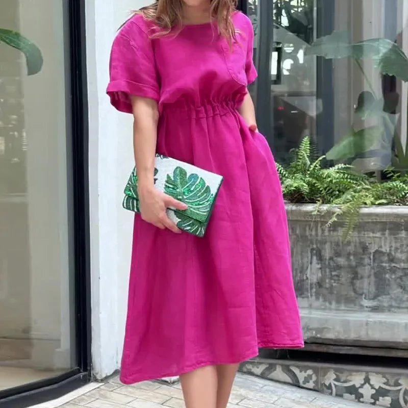 vmtvr Female Casual O-neck Shirring Slim Party Dress Spring Solid Pocket A-Line Long Dress 2024 Women Short Sleeve Simple Summer Dress