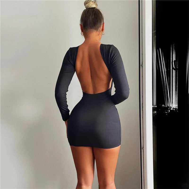 vmtvr Autumn Fashion Sexy Open Back Solid Slinky Mini Dress Club Party Outfits Long Sleeve Round Neck Bodycon Dresses