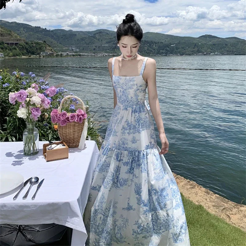 vmtvr NEW Women Chinese Blue Floral Slip Dress Summer 2024 Bow Tie Elegant Casual Straps Dress Vacation Party Long Runway Vestidos