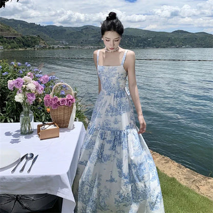 vmtvr NEW Women Chinese Blue Floral Slip Dress Summer 2024 Bow Tie Elegant Casual Straps Dress Vacation Party Long Runway Vestidos