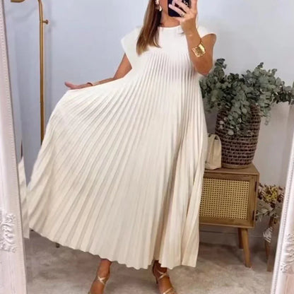 vmtvr Chic Fashion O-neck Pleated Long Party Dress Women 2024 Spring Solid Pockets Boho Maxi Dress Summer Sleeveless Loose Beach Dress