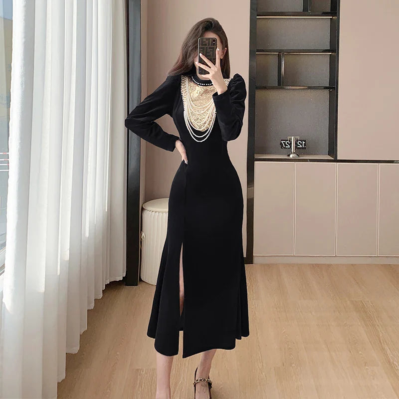 vmtvr  -  Fashion French Beading Necklace Sequin Red Velvet Party Dress Fall Winter Women Stand Collar Split Bodycon Mermaid Long Clothes