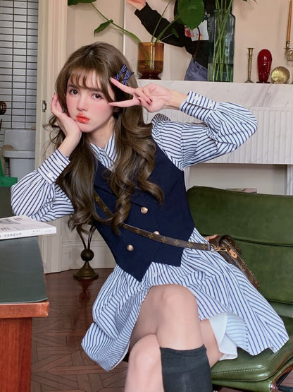 vmtvr - Autumn Sweet Striped Dress Women College Style Loose Casual Mini Dress Female Long Sleeve Single-breasted Chic Korean Dress 2023