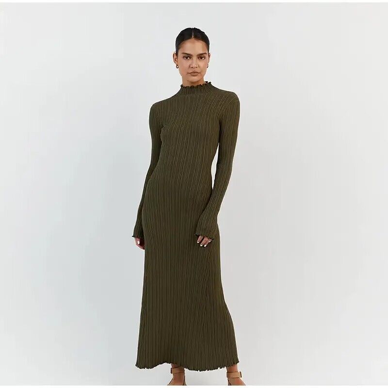 vmtvr -  Autumn Winter Knitted Maxi Dress Elegant Women Long Sleeve Slim Pleated Robe Club Party Bodycon Long Dress Vestidos