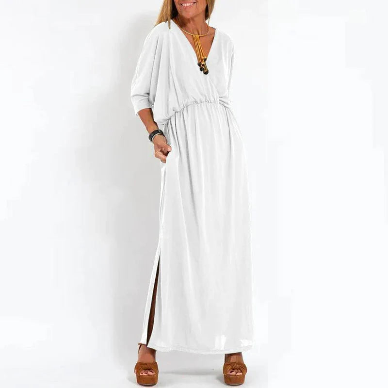 vmtvr Bohemian V Neck High Waist Long Dress Women 2024 Spring Solid Side Split A-Line Party Dress Summer Short Sleeve Loose Maxi Dress