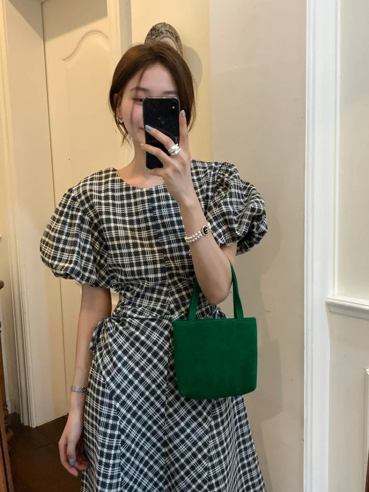 vmtvr  -  Women's Summer Vintage Long Plaid Dress Waist Exposed Female Puff Sleeve Drawstring Holes A-line Midi Sundress