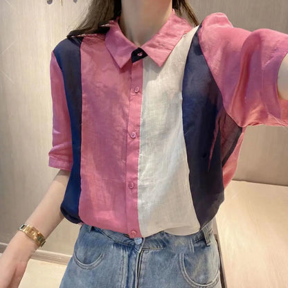 vmtvr Fashion Vintage Spliced Contrast Short Sleeve Chiffon Shirts Summer Loose Versatile Youth Korean Clothing Basic Casual Blouses