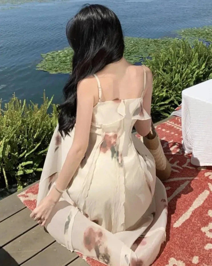 vmtvr Elegant Ruffles Floral Midi Dresses Summer New Fashion Spaghetti Strap A-line Beach Vestidos Women Holiday Sundress Clothing