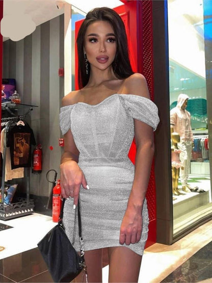 Women's Sexy Off Shoulder Tight Wrap Mini Dress Fashion Off Shoulder Pleated Hem Bodycon Dresses  Female Party Club Dress